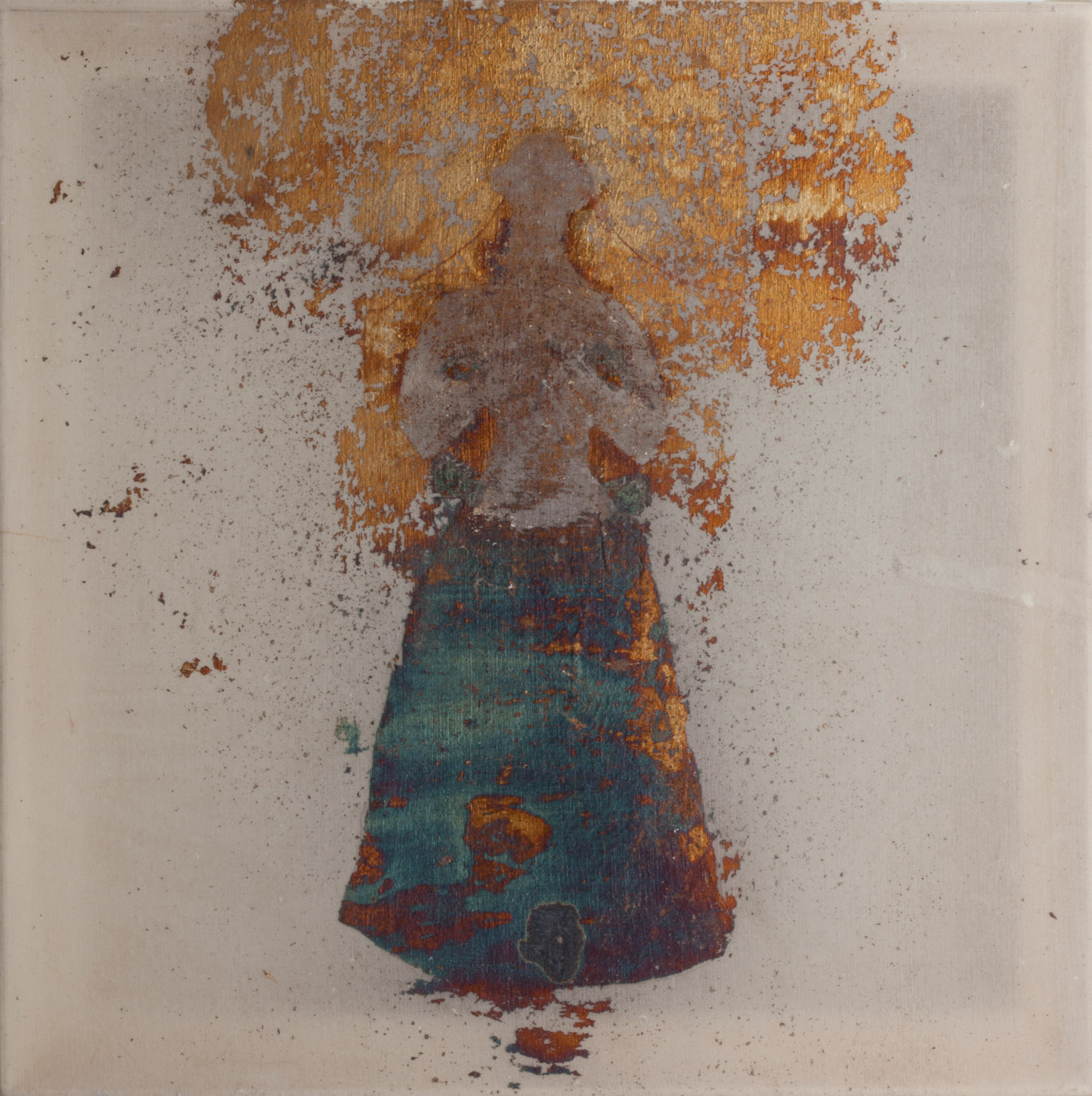 Minoan with Shadow, Oxidized silver leaf wax on silk, 10×10 inches, 2016